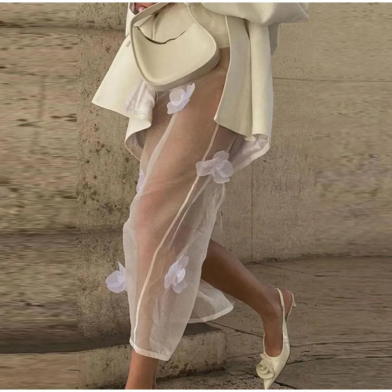 Y2K 3D Floral Gauze Long Skirts For Women 2025 Summer Spring Street See Through High Waist Maxi Skirt Lady Vacation Beach Skirt
