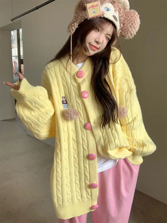 Sweet Cute Girl Yellow Embroidery Sweater Women Clothing Autumn and Winter New Loose Lazy Style Knitted Cardigan Women Tops