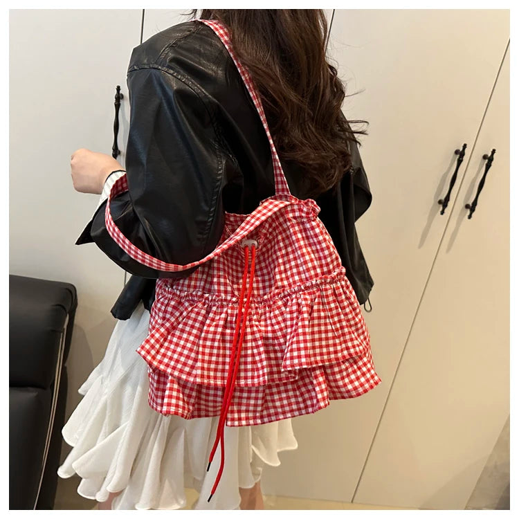Korean Sle Large Capaci Canvas Tote Bag Blue Plaid Single oulder Skirt Pleated Gown Bag Faionable Casual Handbag