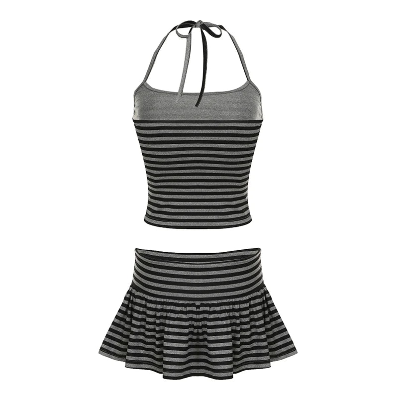 Fashion Stripe Simple Halter Tops + A-Line Mini Skirts  Women’ Set Causal Design Trendy Clothing
