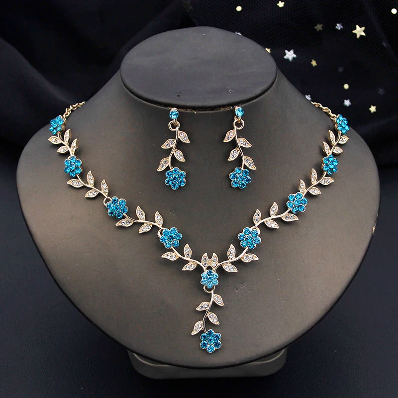16 Colors Flower Jewelry Set Exquisite Rhinestone Pendant Party Women Fashion Romantic Choker Necklace Earring Accessory Set