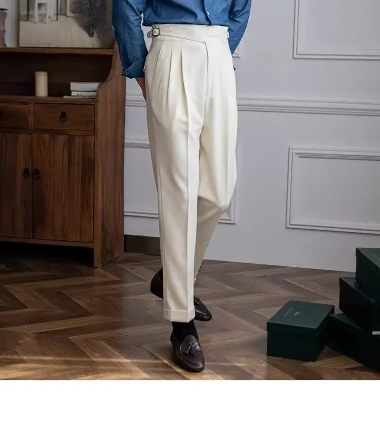 High-waisted Casual Straight-leg Suit Pants For Men Autumn Vintage Draped Waist Trousers Naples Retro Style Business Formal Wear
