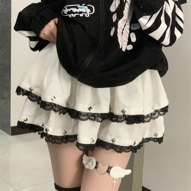 Women Lace Patchwork Rivet Ruffles Tierred Lolita Fairy Mini Skirts Summer Female High Waist Sweet Kawaii Chic Y2K A Line Skirt
