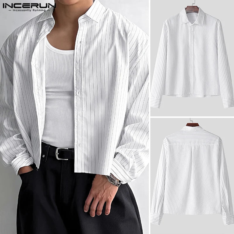 INCERUN Tops 2025 Korean Style Men's Casual Simple Striped Cropped Shirt Fashion Streetwear Male Hot Selling Long Sleeved Blouse