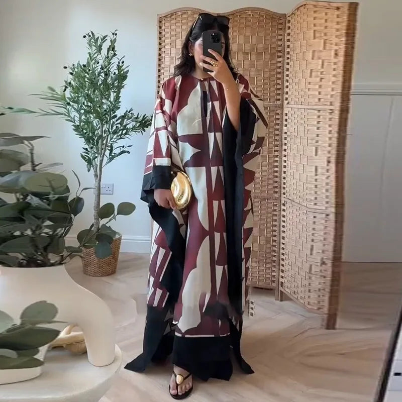Fashion Print Pleated Long Dresses Women Party O-neck Full Sleeve Female Holiday Dresses 2025 Summer Lady Elegant  Robes