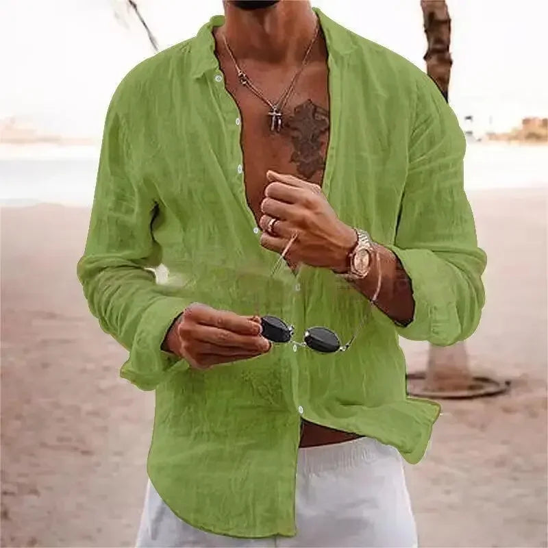2025 Men's Cotton Linen Shirts Top Simple Laple Solid  Man Shirts Tops Comfortable Loose Casual Holiday Shirts for Men Blouses