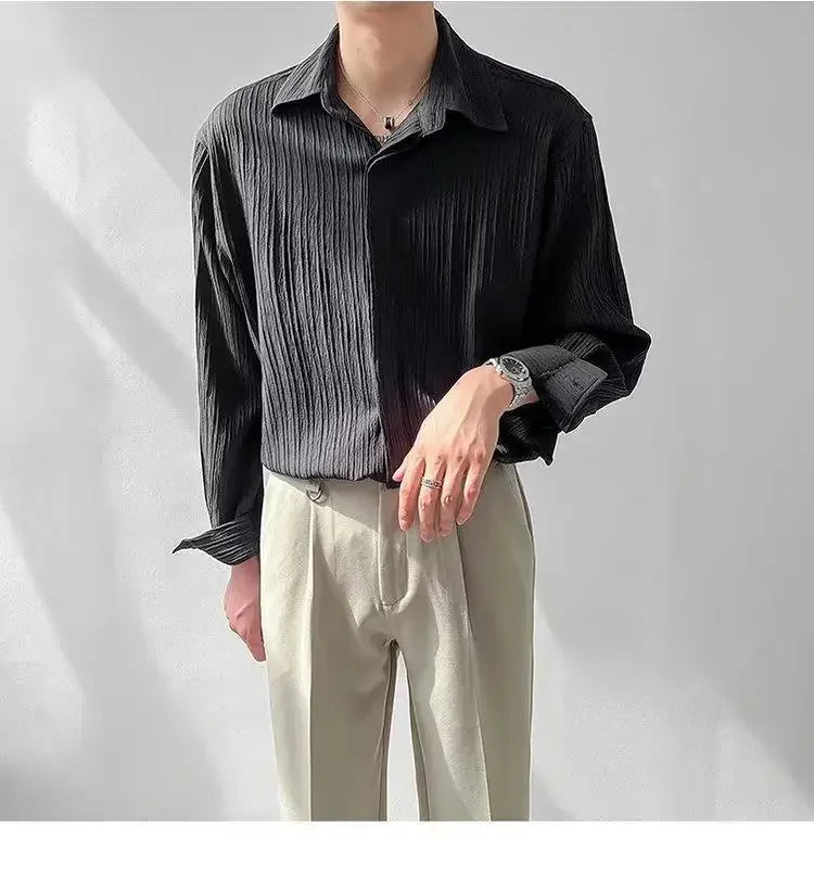 Trendy Stylish Striped No-iron Shirt Autumn Texture Top Korean Version Loose-fit Casual Long Sleeves Shirt For Men