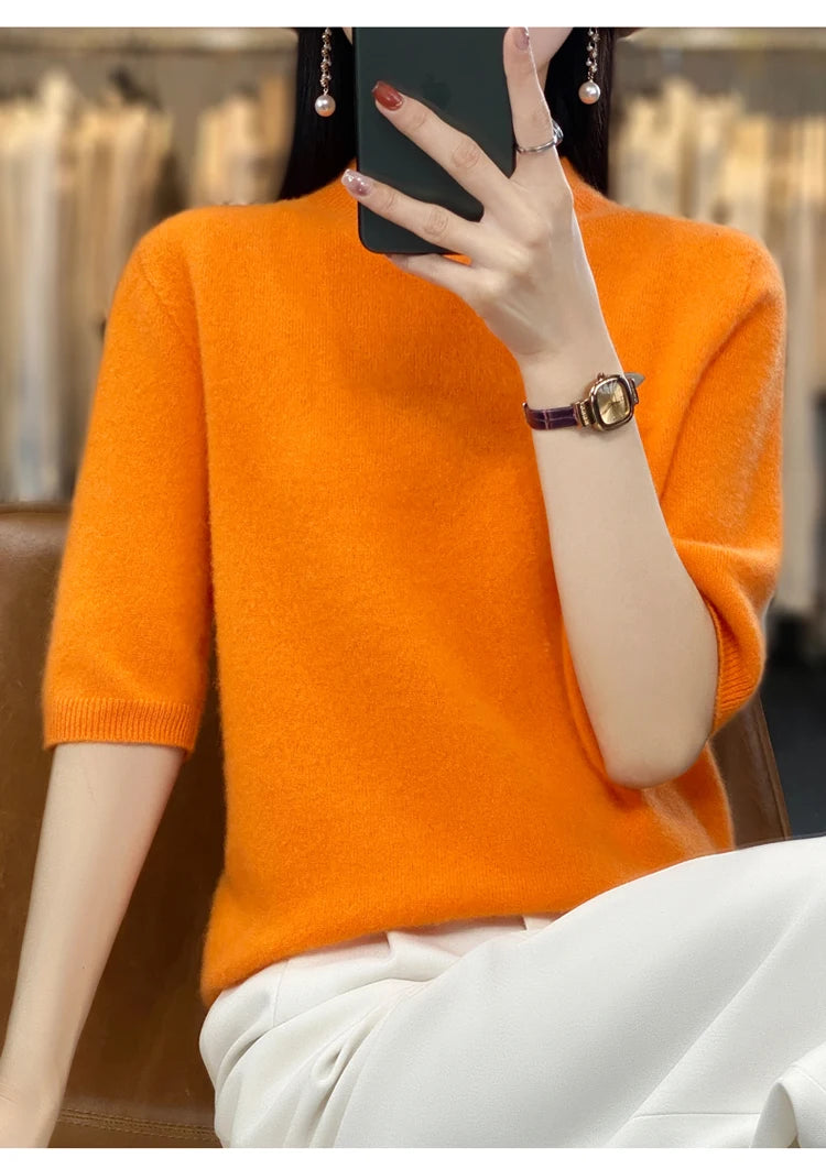 100% pure wool short sleeve summer new women's semi-high neck pullover blouse loose knit vest fashion T-shirt