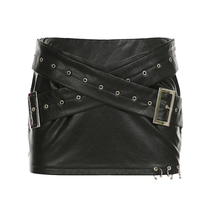 IAMSURE Dark Pu Leather Bodycon Skirt Sexy Slim Low-Waisted Super Mini Skirts Women 2024 Summer Fashion Streetwear Punk Style