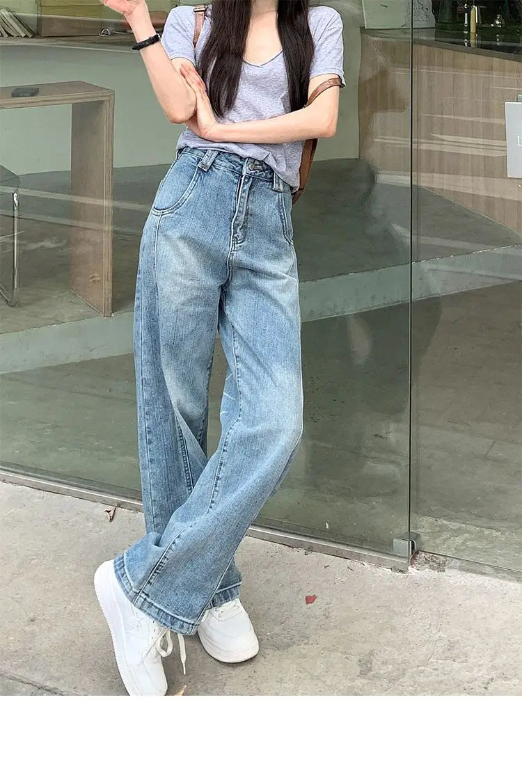Vintage Baggy Jeans Womens' Loose-Fit Denim Pants Lightweight Bell Bottom Jean Retro Ladies' Denim Trousers Pockets Wide Pants