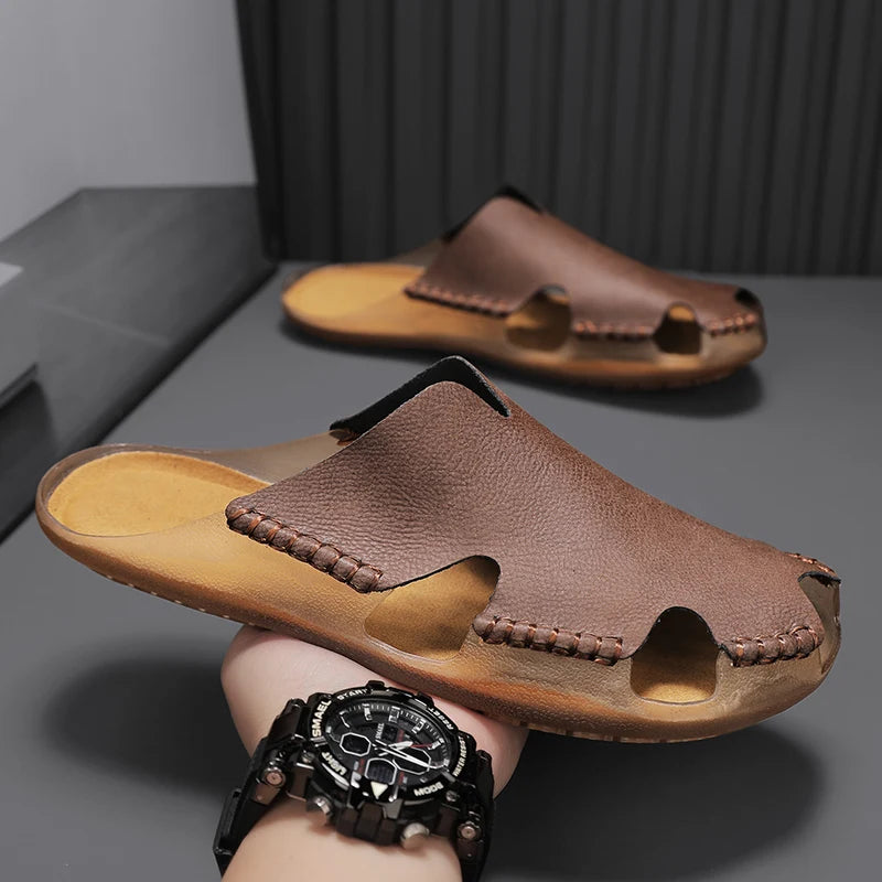 Large Men's Summer Leather Sandals Slippers Soft Sandals Men's Roman Comfortable Outdoor Walking Shoes 38-48