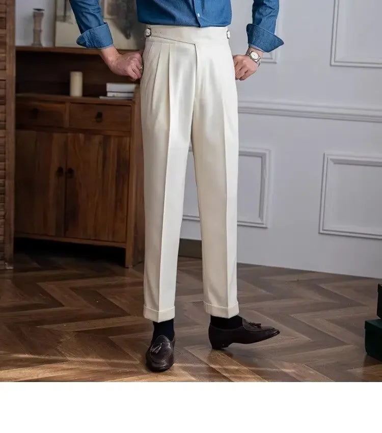 High-waisted Casual Straight-leg Suit Pants For Men Autumn Vintage Draped Waist Trousers Naples Retro Style Business Formal Wear