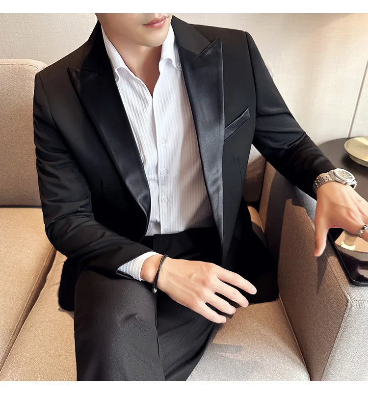( Jacket + Vest + Pants ) High-end Brand Boutique Fashion Men's Casual Business Black Smoking Suit Groom Wedding Dress Tuxedo