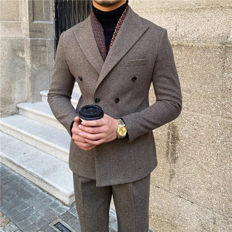 Vintage Men's Suit 2 Pieces Business Formal Casual Double Breasted Slim Fit Suits Party Wedding Dress Costume Male Suit