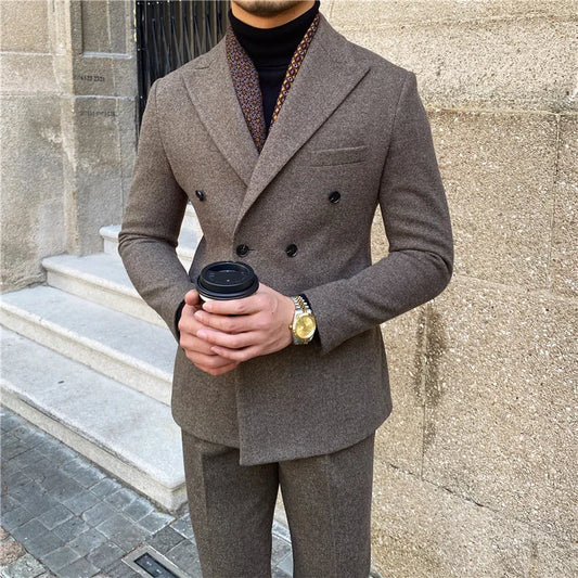 Vintage Men's Suit 2 Pieces Business Formal Casual Double Breasted Slim Fit Suits Party Wedding Dress Costume Male Suit