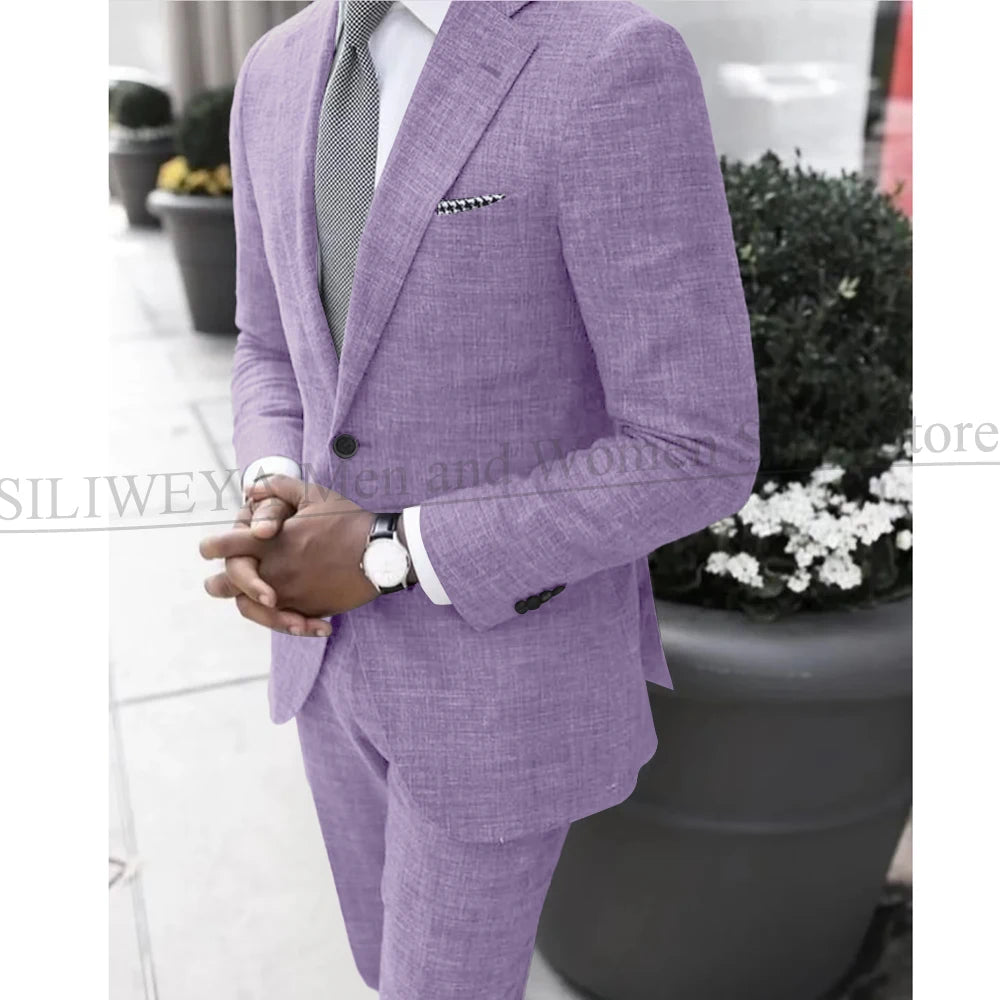 2025 Dark Gray Linen Men's Suit Bridegroom Tuxedo Tailor-Made Wedding Custom Single Breasted Male Blazer 2 pcs(Jacket+pants)