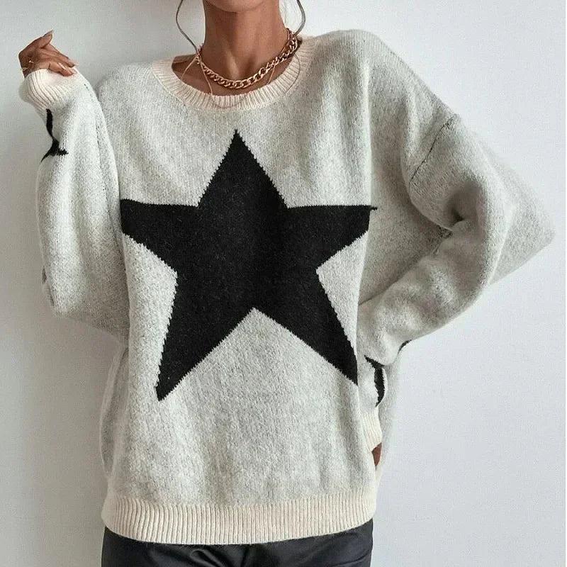 Star Sweater Pullover Women Autumn Spring Simple Knit Elastic Pullovers Jumper Casual Thick Warm Black White Basic Jumpers