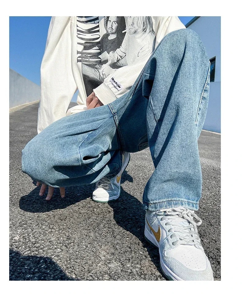 Men's Jeans Spring Autumn Extend Straight Vintage Blue Casual Baggy Jeans Korean Trousers Classic Wide Leg Fashion Denim Pants