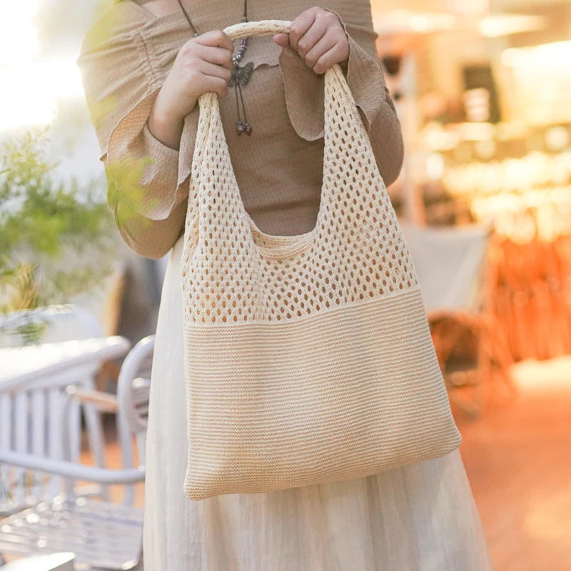 New Trend Women's Bag Crochet Handbag Retro Knitted Braid Solid Color Hollow Black Khaki Top-handle Tote Bag Shopper