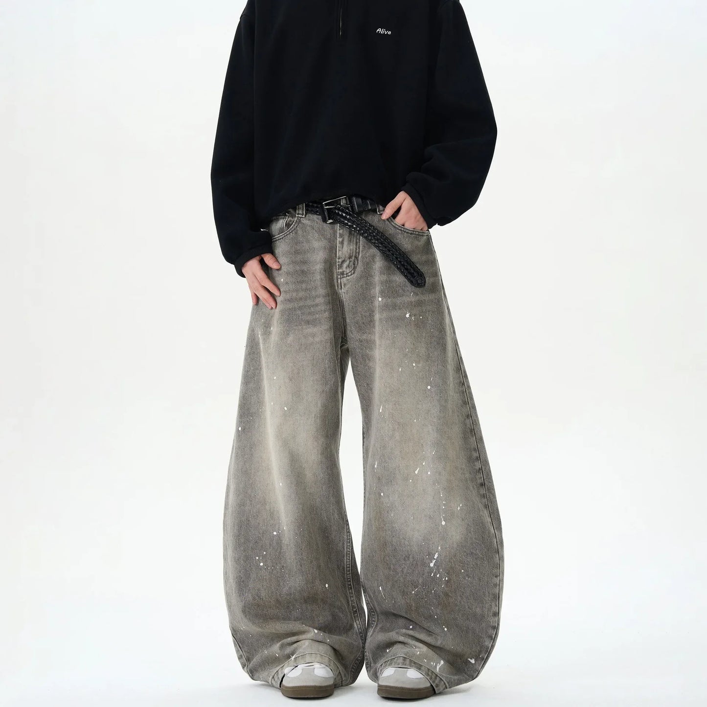 Retro American Washed Grey Splatter Ink Wide Leg Loose Jeans Men's Brand Street Style Loose Trousers Casual Straight Cut