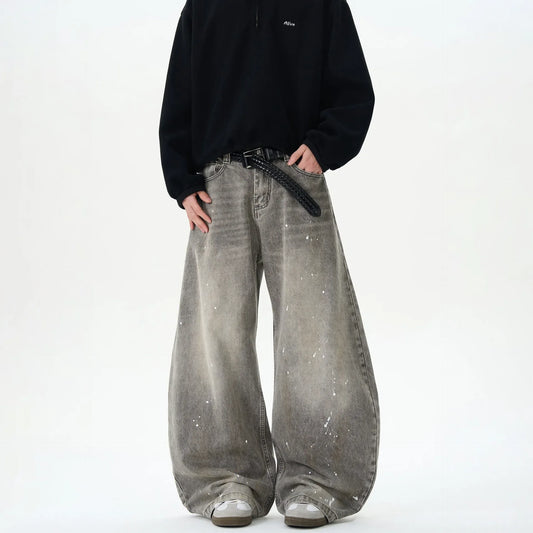 Retro American Washed Grey Splatter Ink Wide Leg Loose Jeans Men's Brand Street Style Loose Trousers Casual Straight Cut