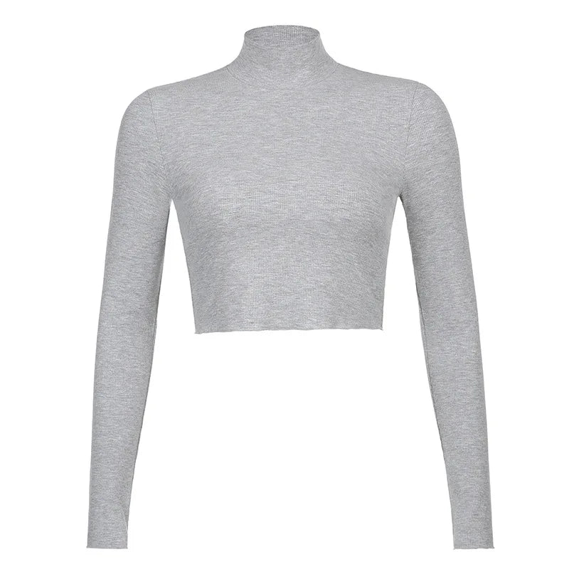 Solid Nude Turtleneck Cropped T Shirt Women Autumn Casual Long Sleeve T-shirt Ladies Skinny Basic Tee Shirt Femme