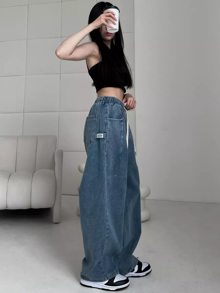 2025 Summer Women's Casual Harajuku Jeans Vintage Loose Elastic Waist Washed Pants Y2K Wide Leg Punk Baggy Denim Trouser