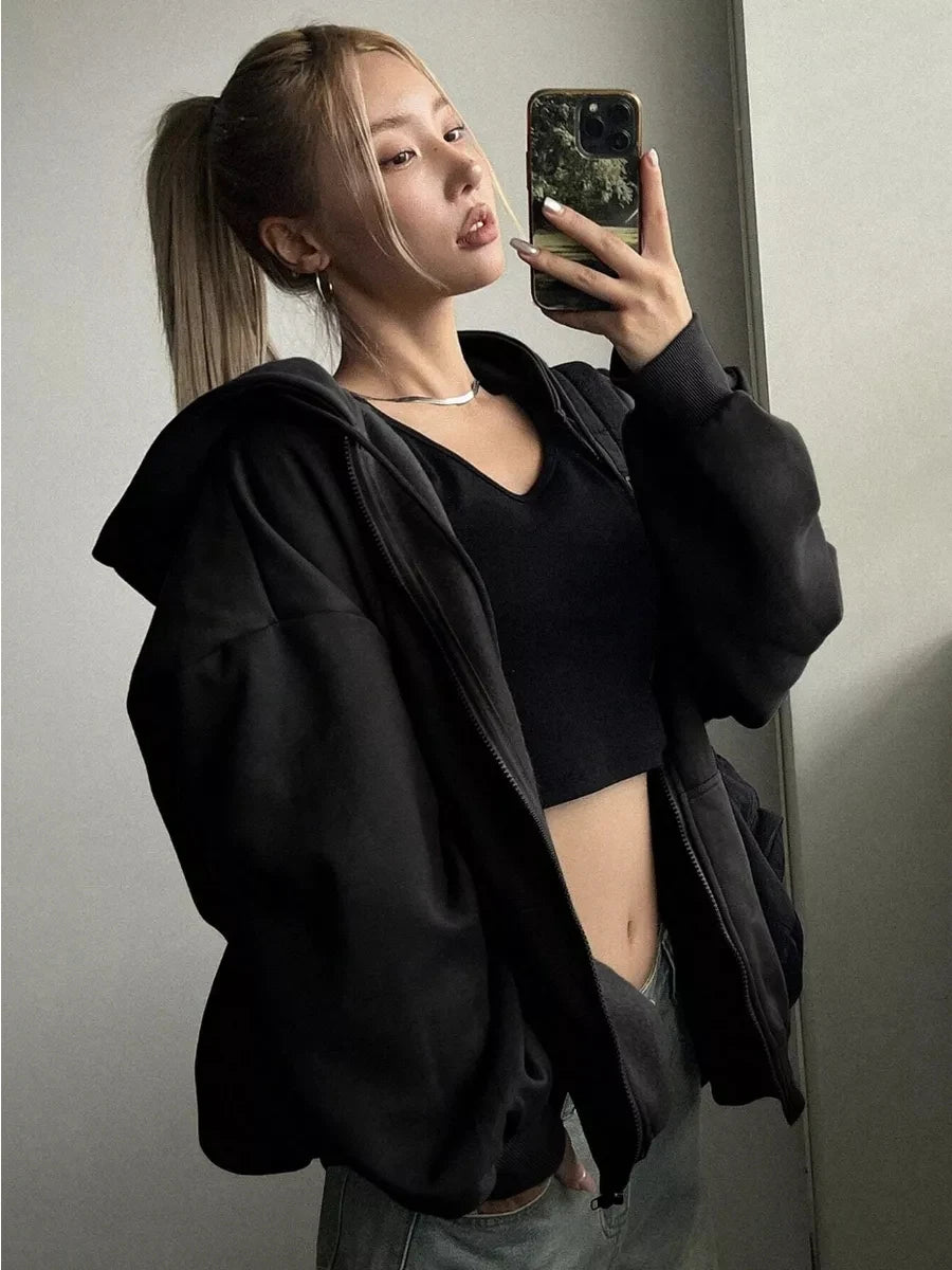 Women's Long Sleeve Oversized Zip Up Hooded Sweatshirt Y2k Loose Streetwear Black Solid Fleece Zip Hoodie