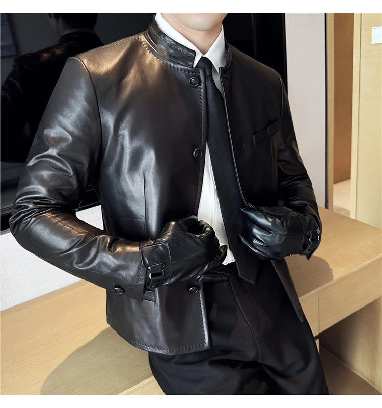 Autumn  Chinese Style Stand Up Collar Leather Jacket Men's Motorcycle Jackets High-end Casual Business Short PU Leather Coats