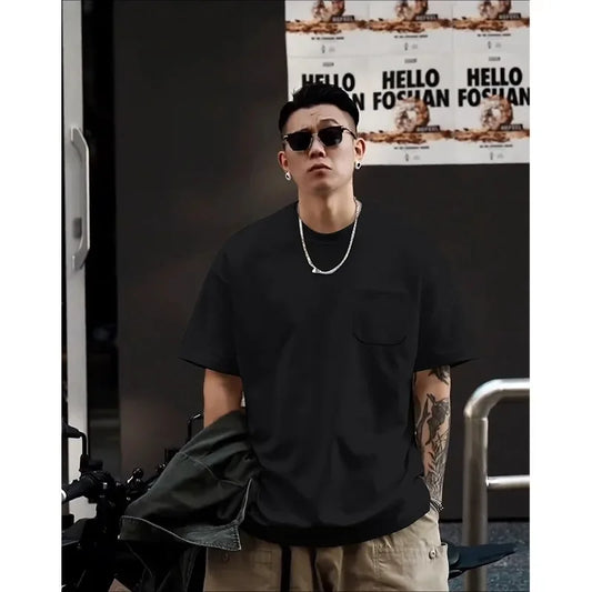 Heavyweight Pocket Short Sleeve T-Shirt Pure Cotton White Base Shirt Top for Men And Women Spring Casual Breathable Crew Neck