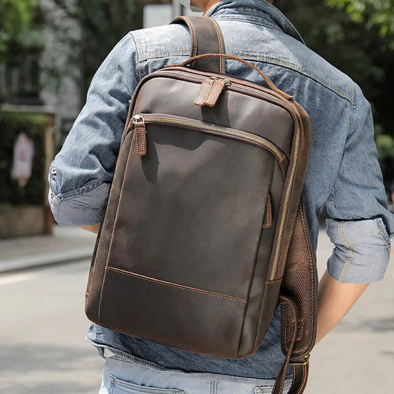Vintage Travel Backpack leather double zipper bagpack male crazy horse leather backpack handmade leather travel bag men bag