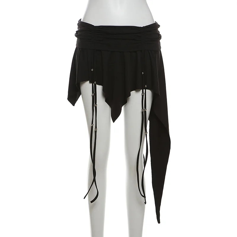 Goth Dark Mall Gothic Dropped Waist Drawstring Mini Skirt Punk Grunge Women Irregular Hem A-line Skirts Chic E-girl Techwear Y2K