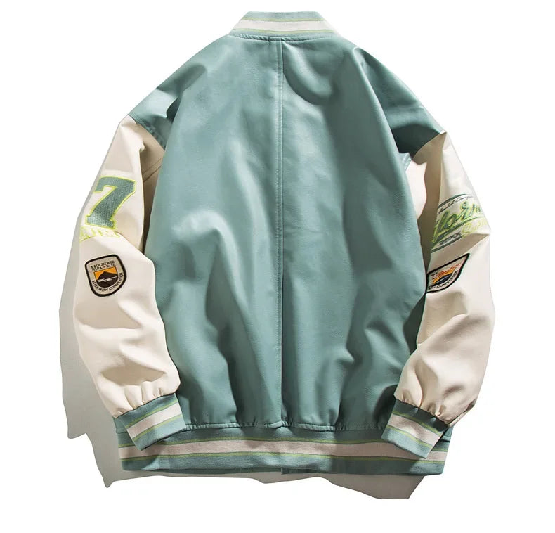 Men's High-end Feel Baseball Jacket New Spring Autumn Style Embroidered Fighter Pilot Pu Leather Patchwork Color Blocking Top