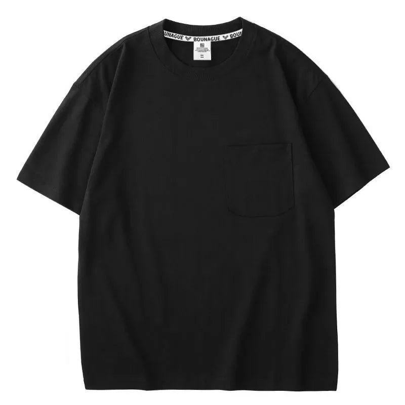Heavyweight Pocket Short Sleeve T-Shirt Pure Cotton White Base Shirt Top for Men And Women Spring Casual Breathable Crew Neck