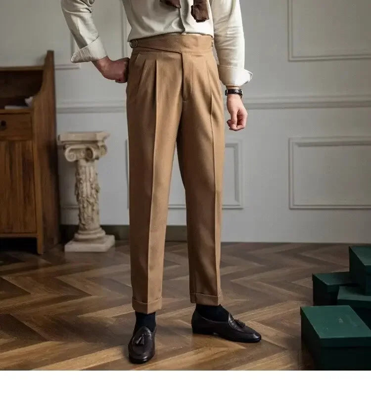 High-waisted Casual Straight-leg Suit Pants For Men Autumn Vintage Draped Waist Trousers Naples Retro Style Business Formal Wear