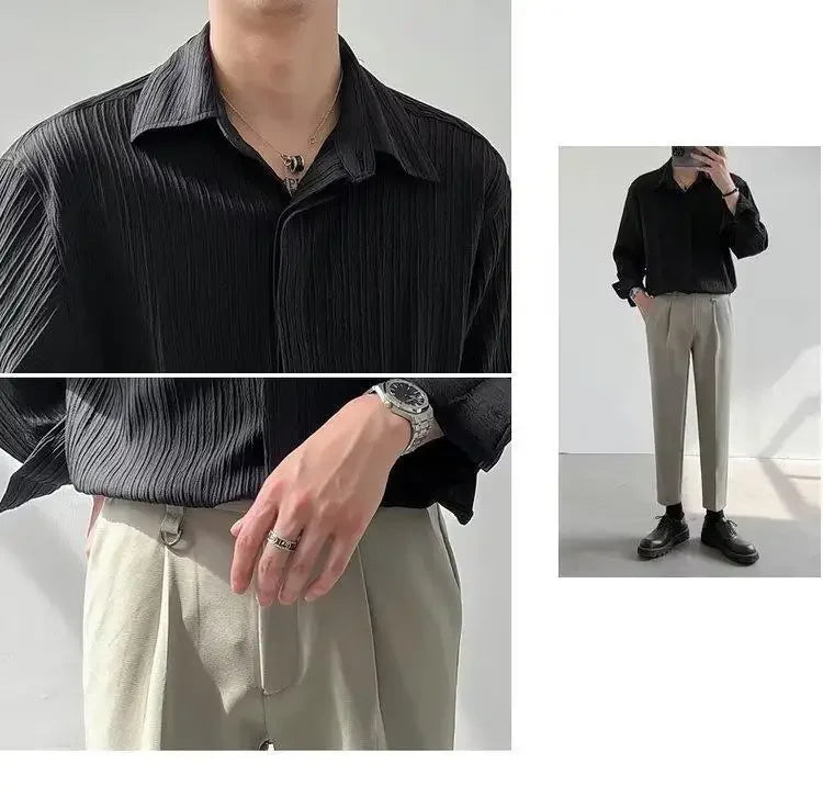 Trendy Stylish Striped No-iron Shirt Autumn Texture Top Korean Version Loose-fit Casual Long Sleeves Shirt For Men