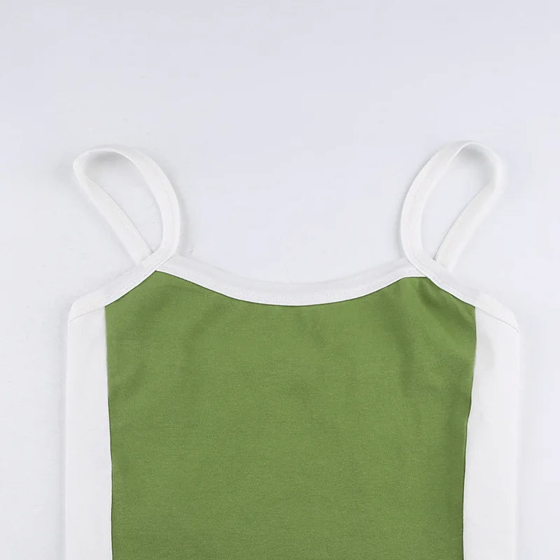 2025 Summer Casual Cami Backless Y2k Vintage Tank Top WomenSleeveless Knitted Crop Tops Green Sexy Basic Patchwork