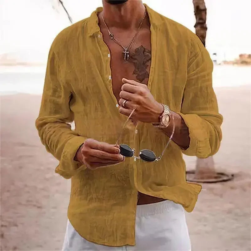 2025 Men's Cotton Linen Shirts Top Simple Laple Solid  Man Shirts Tops Comfortable Loose Casual Holiday Shirts for Men Blouses