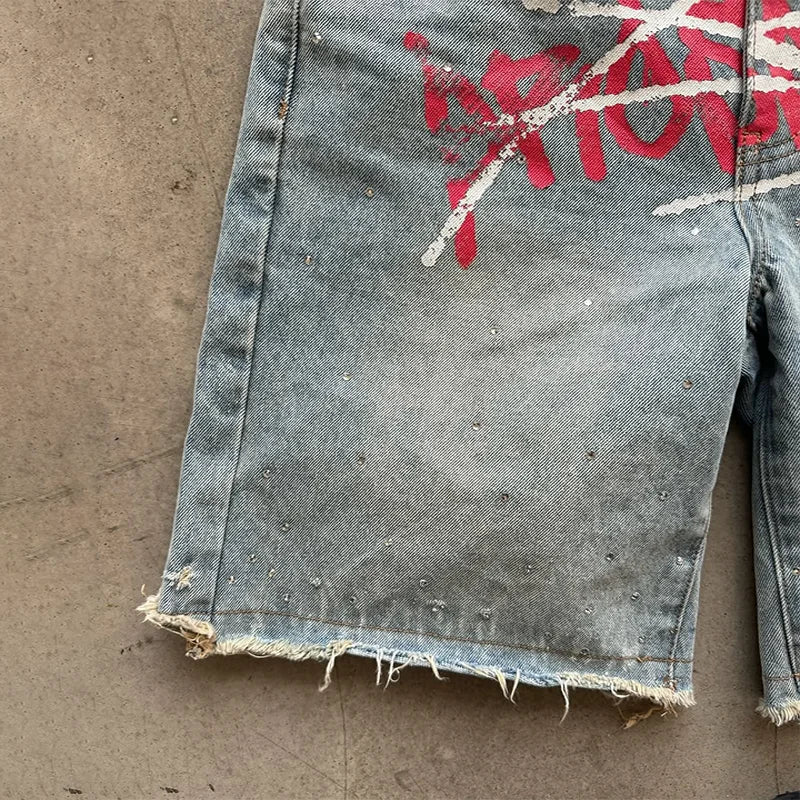 American Fashion Trend Letter Printing Splicing Patches Denim Shorts Y2K Gothic Hip Hop Men Women Punk Vintage Wide Leg Pants