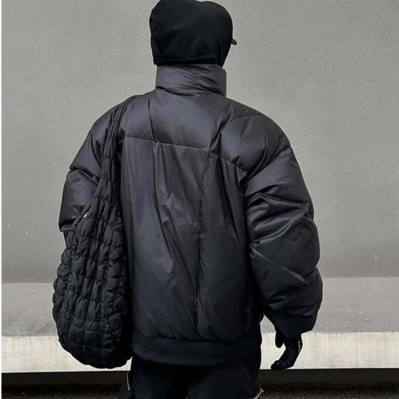 Black Stand Collar Cotton Jacket Mens Heavy Weight Winter Trend High Street Short Parkas Thickening Warm Fluffy Bread Coats