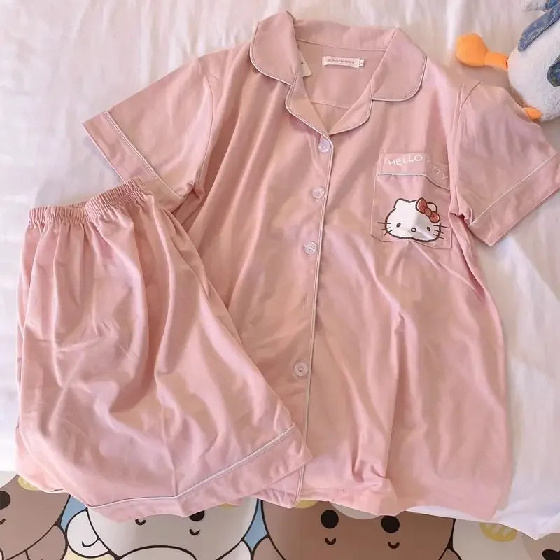 Hello Kitty girl cartoon cute kawaii summer new Sanrio anime short-sleeved pajamas set creative cardigan home clothes gift