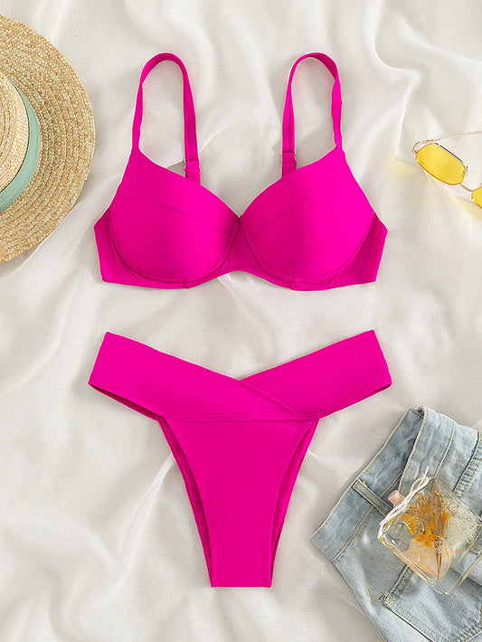 2025 Women Swimsuit Sexy Hot Pink Two Piece Bikini High Waist Underwire Suspender Swimwear Beach Bathing Suit Beachwear Summer