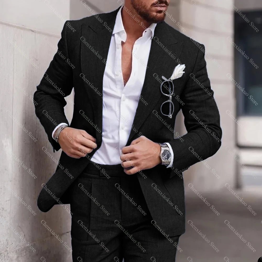Fashion Linen Suits for Men High Quality Peak Lapel Double One Button Male Suit Slim Chic Casual Wedding Tuxedo 2 Piece Costume