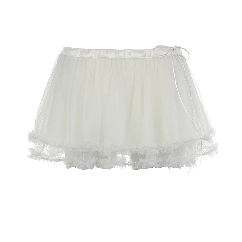 IAMHOTTY Tiered Ruffle Tulle Mesh Skirt y2k Aesthetic Lace-up Low Waist A-line Mini Skirts Fairycore Kawaii Coquette Outfit 2023