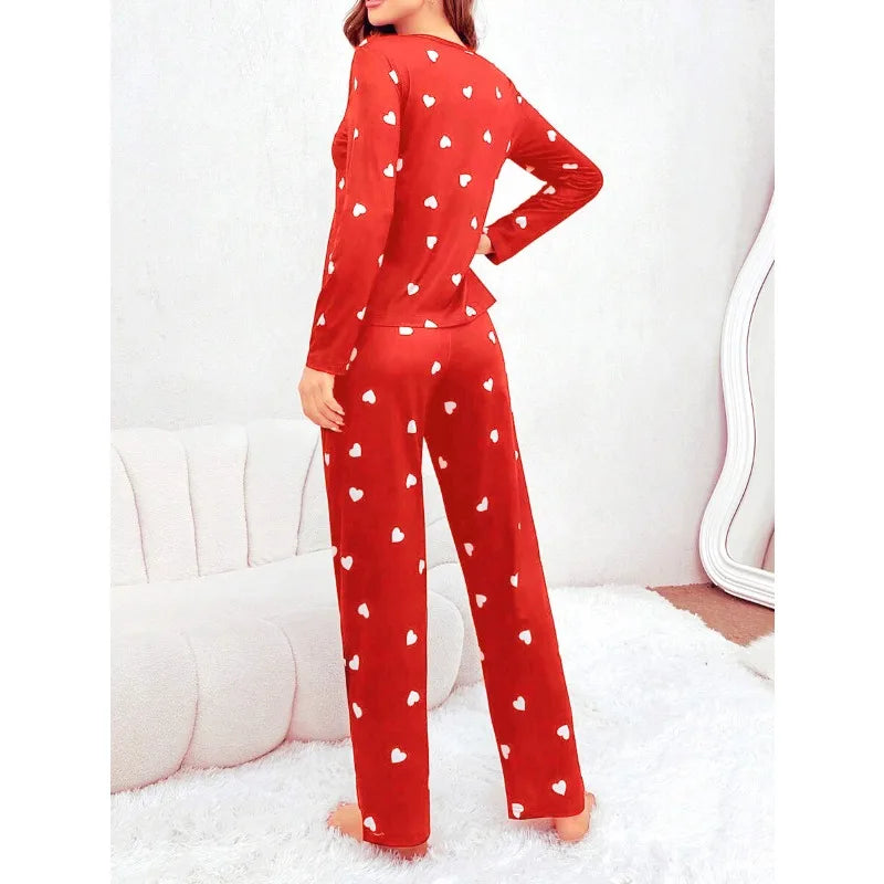 Women's Pajamas Casual Love Print Round Neck Long Sleeve Long Pants Fall and Winter Comfortable Set Girl Sleepwear Homewear