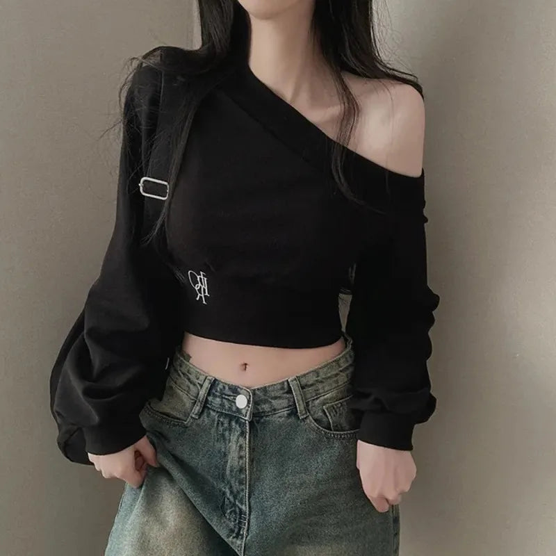 2025 Spring New Irregular Skew Collar Hoodies Women Sexy Fashion Sweatshirts Long Puff Sleeve Short Solid Slim Pullover Tops