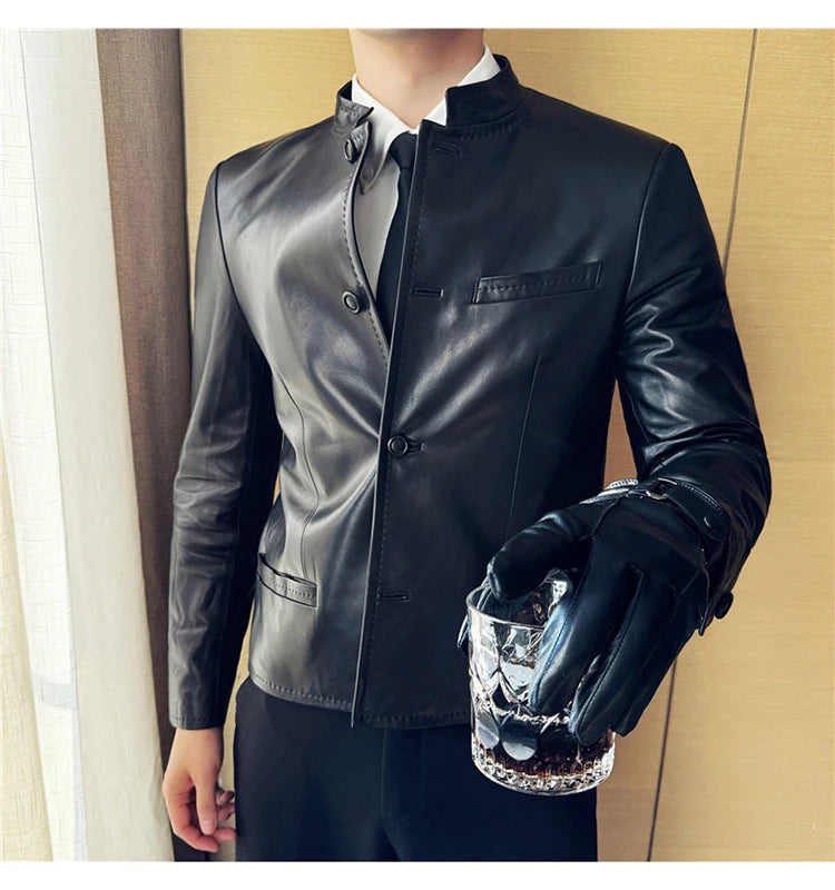 Autumn  Chinese Style Stand Up Collar Leather Jacket Men's Motorcycle Jackets High-end Casual Business Short PU Leather Coats