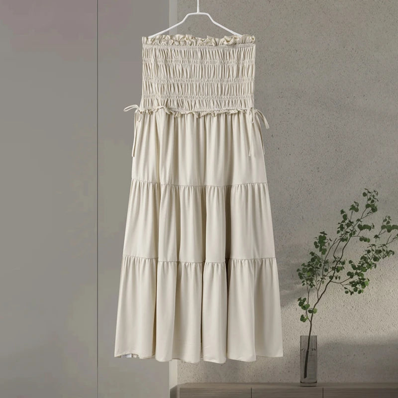 Fashion Solid Folds Long Skirt Sets For Women Summer Sexy Off Shoulder V-neck Cropped Tops High Waist Long Skirts 2 Pieces Sets