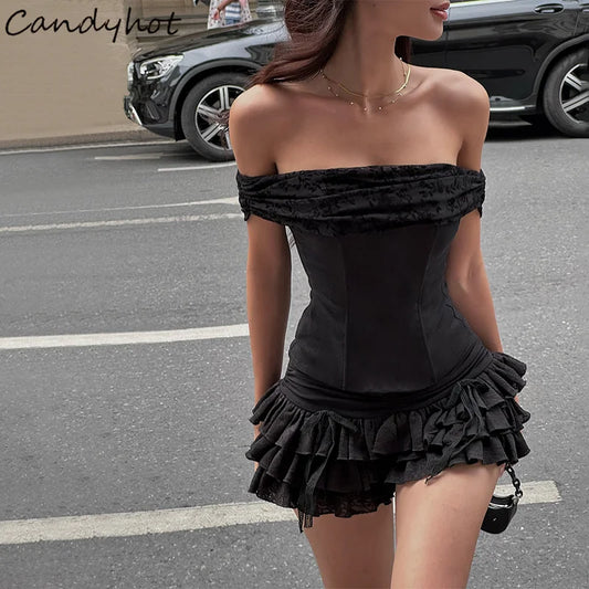 Candyhot Off Shoulder Solid Sexy Fashion Backless Strapless Fairycore Skirt Set 2025 Spring New Prom Party Evening 2 Pieces Set