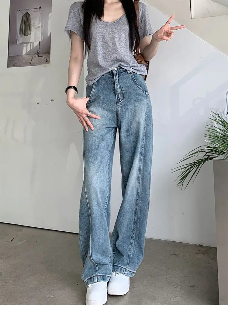 Vintage Baggy Jeans Womens' Loose-Fit Denim Pants Lightweight Bell Bottom Jean Retro Ladies' Denim Trousers Pockets Wide Pants